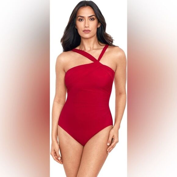 Miraclesuit Rock Solid Europa Red High Neck Ruched One-piece Swimsuit Size 12 - Picture 1 of 11
